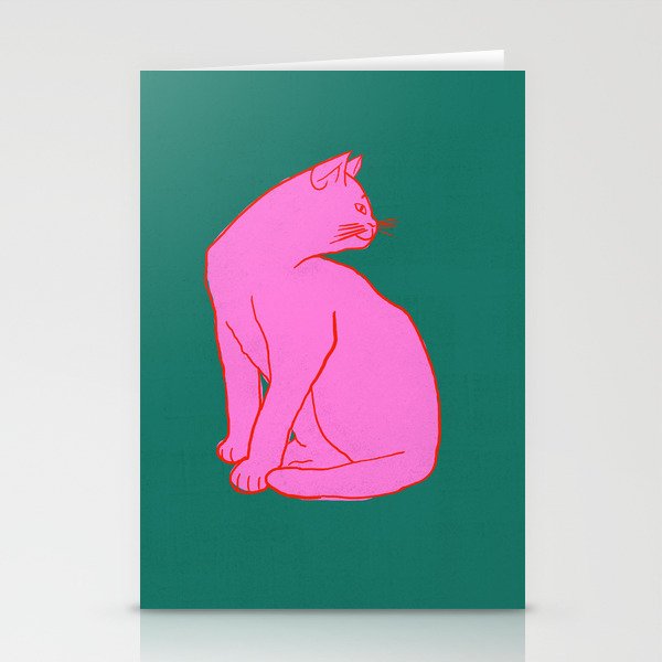 Pink Cat On Green Background Stationery Card Gallery Image 1