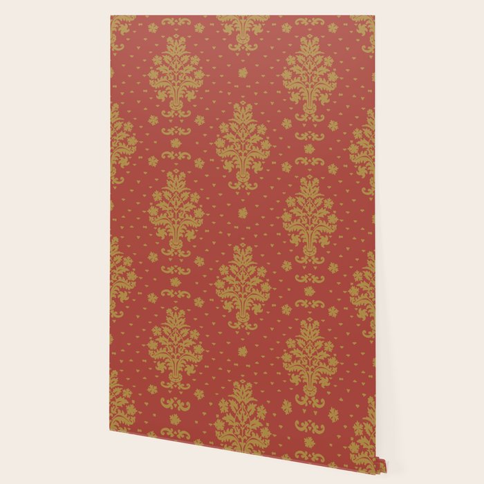 Red and Gold Damask Pattern Ornate Floral Medallions for Luxe Maximalist Wallpaper Gallery Image 2