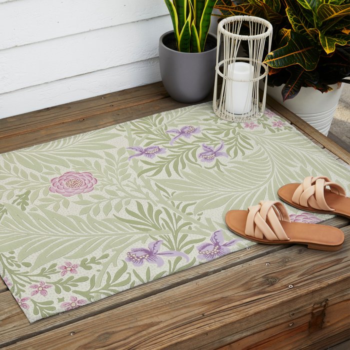 William Morris Larkspur Green Olive Lilac Outdoor Rug Gallery Image 2