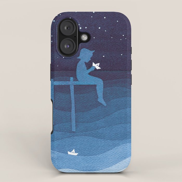 Boy with paper boats, blue iPhone Case Gallery Image 1