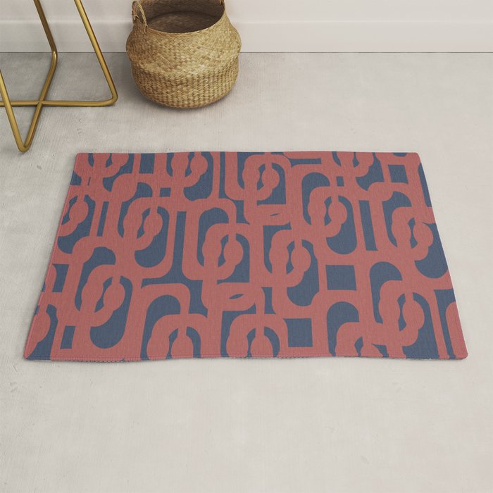 Mid Century Modern Loops Pattern in Maroon and Navy Blue Rug Gallery Image 1