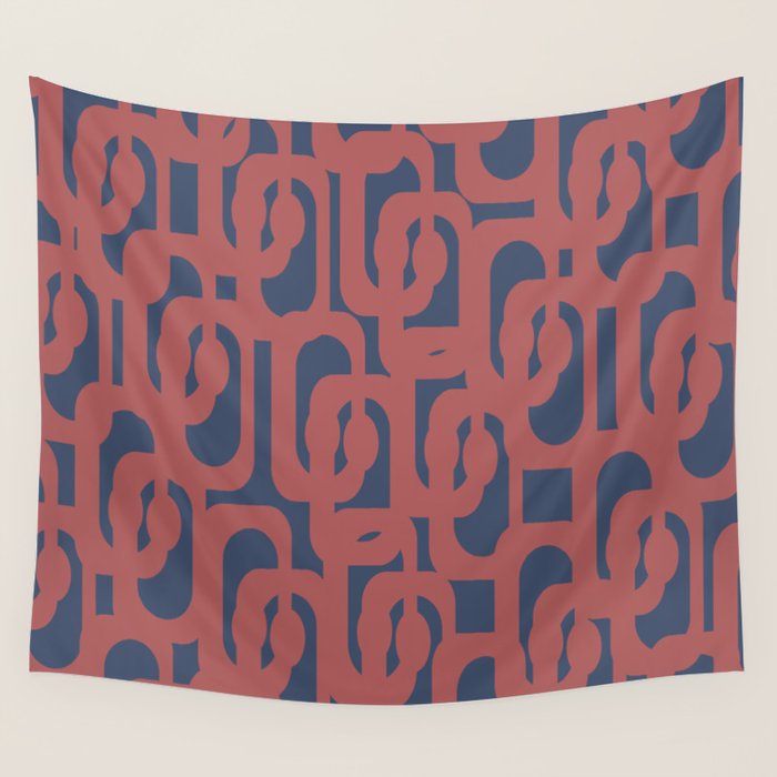 Mid Century Modern Loops Pattern in Maroon and Navy Blue Wall Tapestry Gallery Image 1