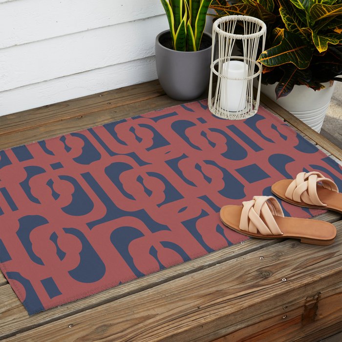 Mid Century Modern Loops Pattern in Maroon and Navy Blue Outdoor Rug Gallery Image 2