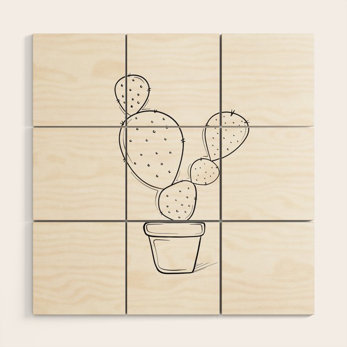 Tiny Cactus Line Art Drawing Wood Wall Art Gallery Image 1