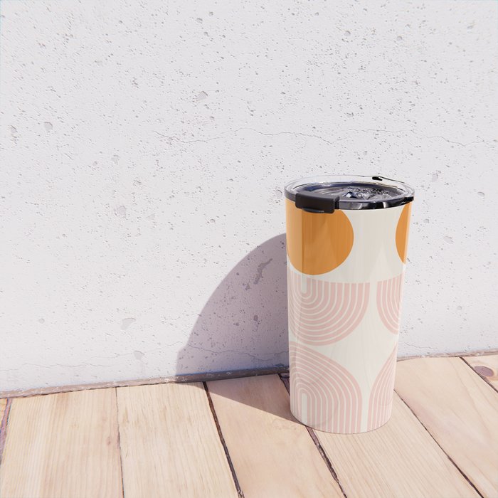 Mid Century Modern Geometric 43 in Coral Orange (Rainbow and Sun Abstraction) Travel Mug Gallery Image 4