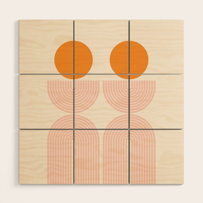 Mid Century Modern Geometric 43 in Coral Orange (Rainbow and Sun Abstraction) Wood Wall Art Gallery Image 1