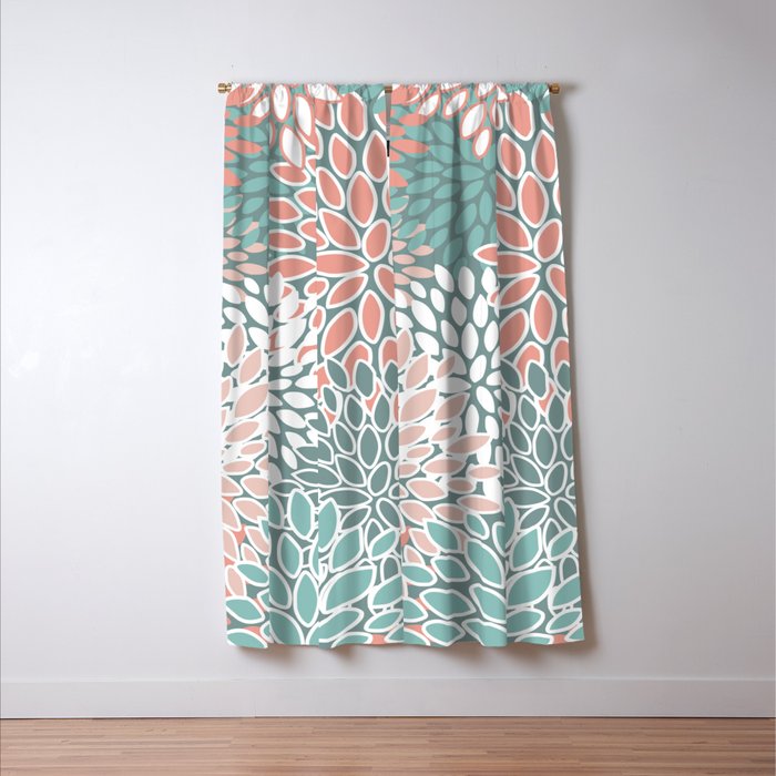 Festive, Floral Prints, Teal and Coral Window Curtain Gallery Image 3