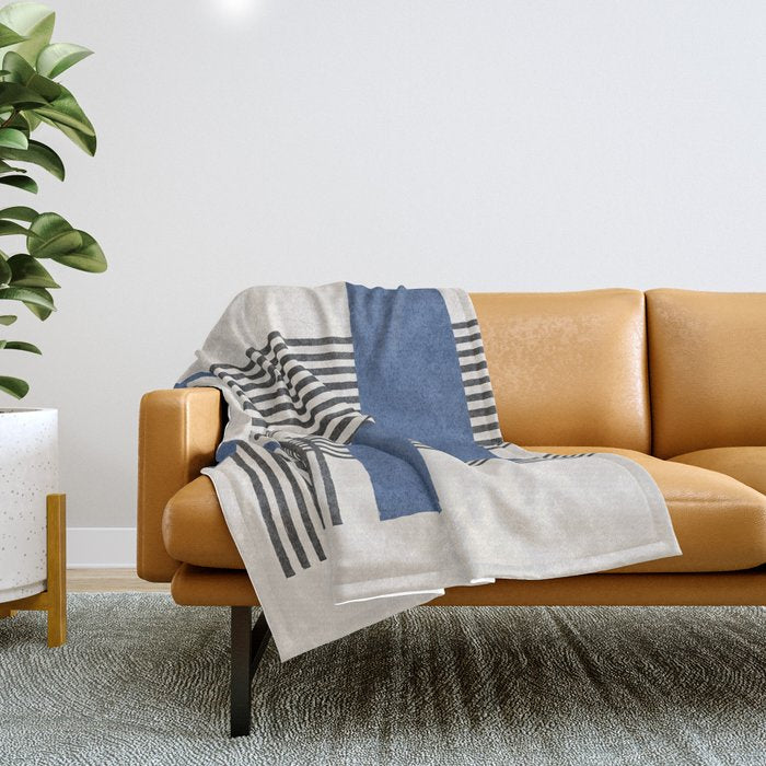 Stripes and Square Blue Composition - Abstract Throw Blanket Gallery Image 1