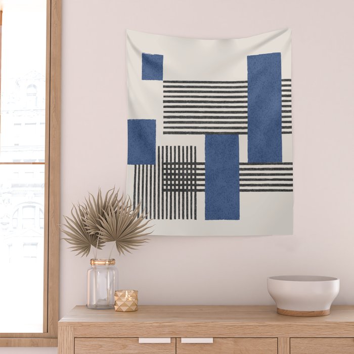 Stripes and Square Blue Composition - Abstract Wall Tapestry Gallery Image 2