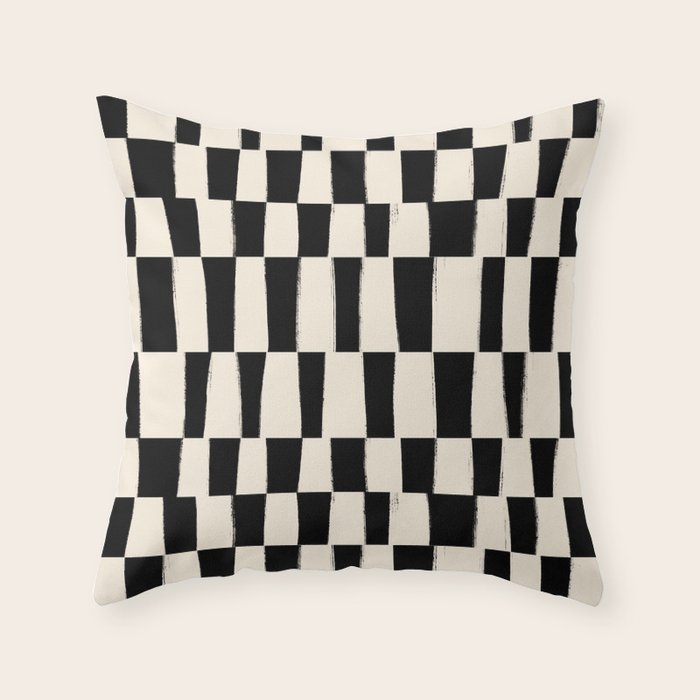 Wave Checks: Noir Black Handpainted Pattern Throw Pillow Gallery Image 6