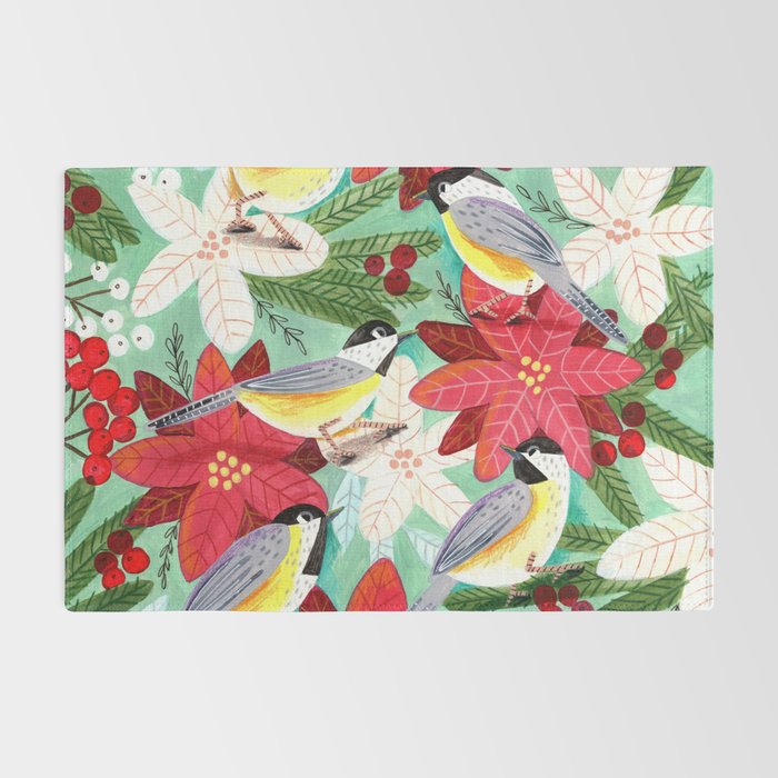 Winter birds tits and Christmas flowers Rug Gallery Image 2