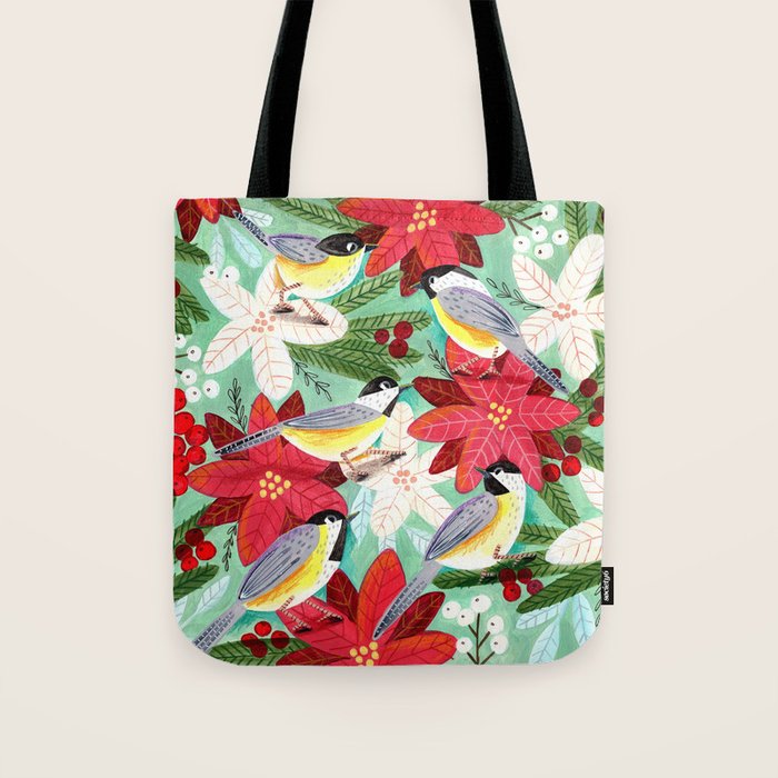 Winter birds tits and Christmas flowers Tote Bag Gallery Image 1