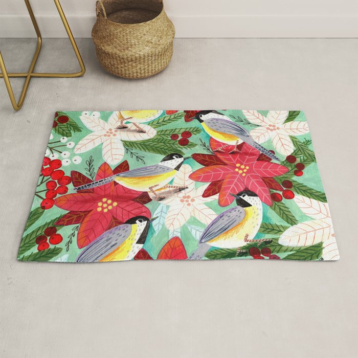 Winter birds tits and Christmas flowers Rug Gallery Image 1
