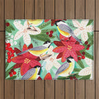 Winter birds tits and Christmas flowers Outdoor Rug Gallery Image 1
