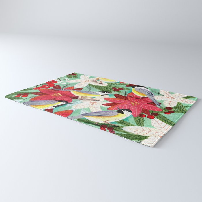 Winter birds tits and Christmas flowers Rug Gallery Image 3