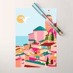 Crimson Rouge, Colorful Architecture Buildings, Greece Cityscape Skyline, Seagull Travel Summer Eclectic Bohemian Pop of Color Positivity Wrapping Paper Gallery Image 1