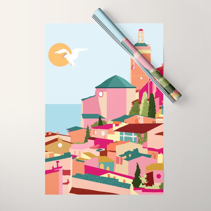 Crimson Rouge, Colorful Architecture Buildings, Greece Cityscape Skyline, Seagull Travel Summer Eclectic Bohemian Pop of Color Positivity Wrapping Paper Gallery Image 1