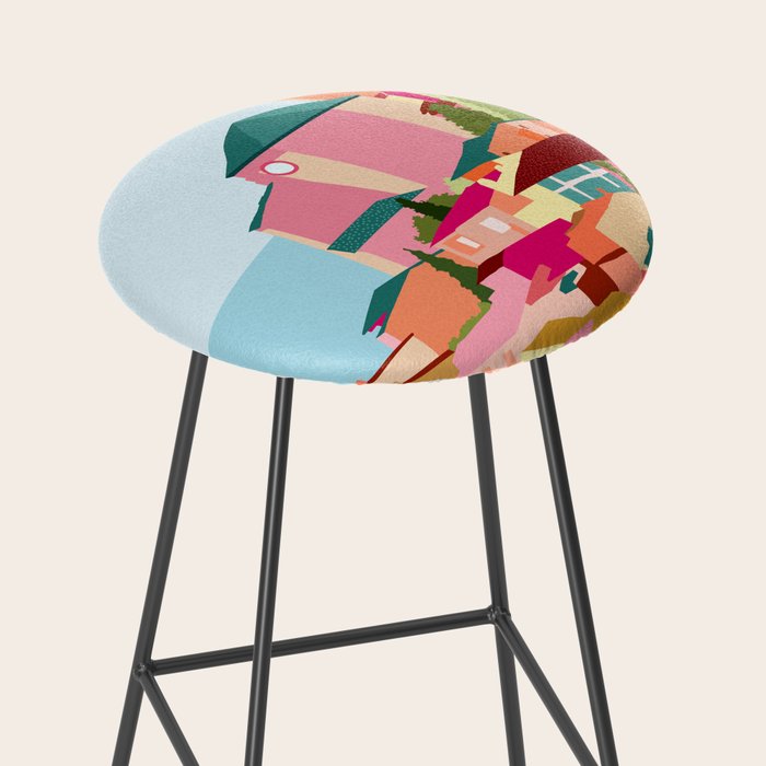 Crimson Rouge, Colorful Architecture Buildings, Greece Cityscape Skyline, Seagull Travel Summer Eclectic Bohemian Pop of Color Positivity Stool Gallery Image 2