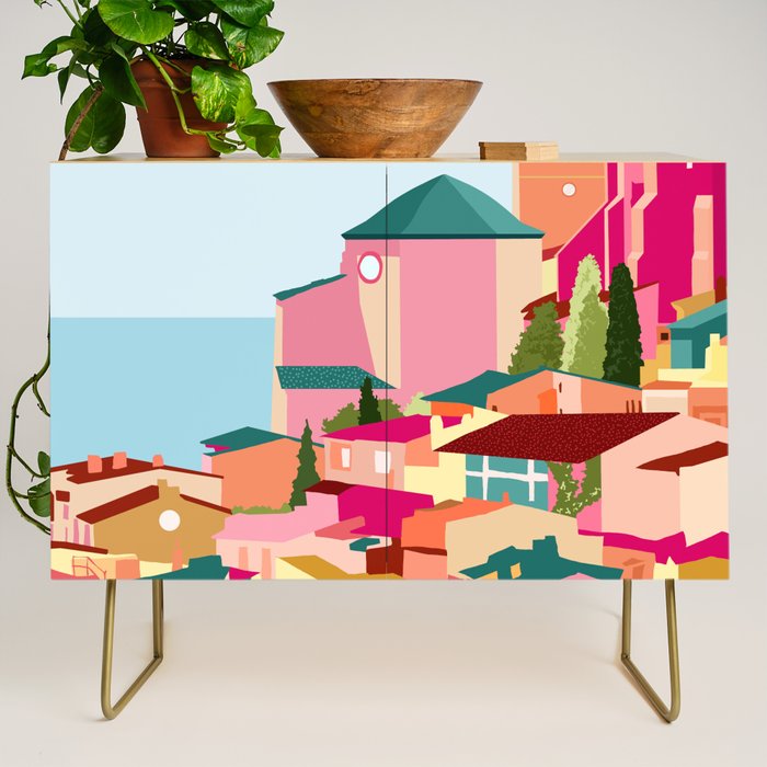 Crimson Rouge, Colorful Architecture Buildings, Greece Cityscape Skyline, Seagull Travel Summer Eclectic Bohemian Pop of Color Positivity Credenza Gallery Image 1