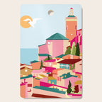 Crimson Rouge, Colorful Architecture Buildings, Greece Cityscape Skyline, Seagull Travel Summer Eclectic Bohemian Pop of Color Positivity Cutting Board Gallery Image 1