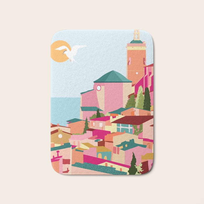 Crimson Rouge, Colorful Architecture Buildings, Greece Cityscape Skyline, Seagull Travel Summer Eclectic Bohemian Pop of Color Positivity Bath Mat Gallery Image 1