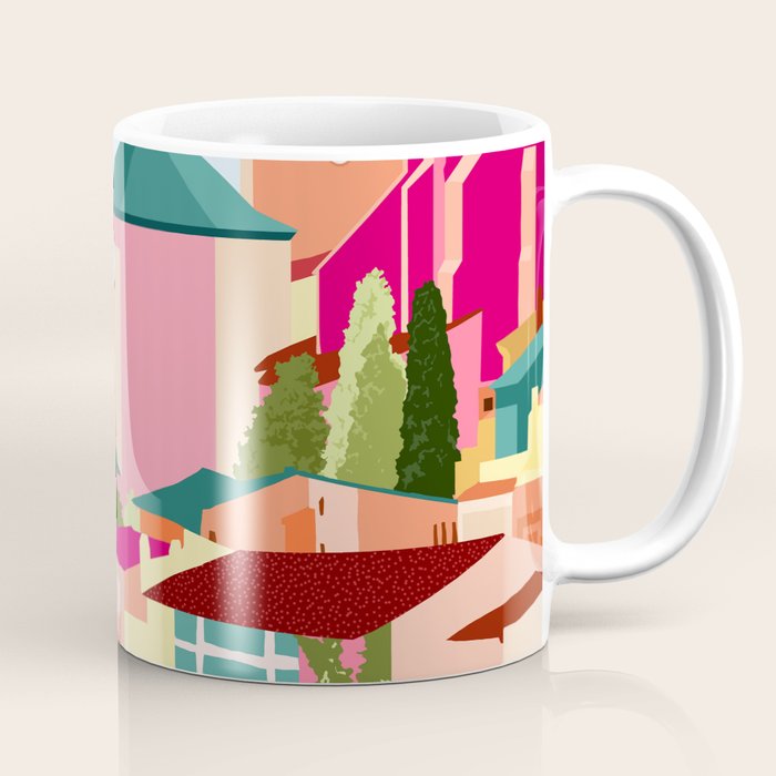 Crimson Rouge, Colorful Architecture Buildings, Greece Cityscape Skyline, Seagull Travel Summer Eclectic Bohemian Pop of Color Positivity Coffee Mug Gallery Image 1