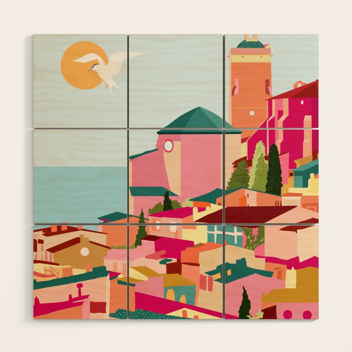 Crimson Rouge, Colorful Architecture Buildings, Greece Cityscape Skyline, Seagull Travel Summer Eclectic Bohemian Pop of Color Positivity Wood Wall Art Gallery Image 1