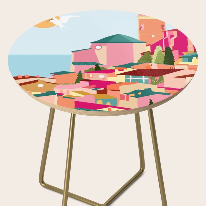 Crimson Rouge, Colorful Architecture Buildings, Greece Cityscape Skyline, Seagull Travel Summer Eclectic Bohemian Pop of Color Positivity Side Table Gallery Image 2