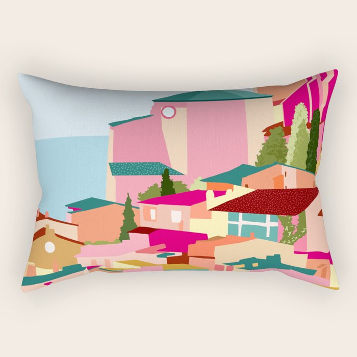 Crimson Rouge, Colorful Architecture Buildings, Greece Cityscape Skyline, Seagull Travel Summer Eclectic Bohemian Pop of Color Positivity Rectangular Pillow Gallery Image 1
