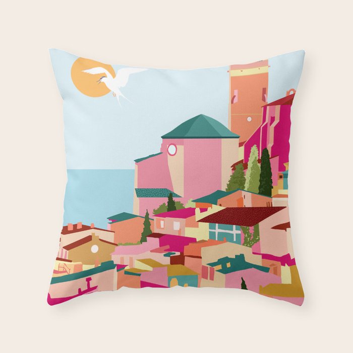 Crimson Rouge, Colorful Architecture Buildings, Greece Cityscape Skyline, Seagull Travel Summer Eclectic Bohemian Pop of Color Positivity Throw Pillow Gallery Image 1