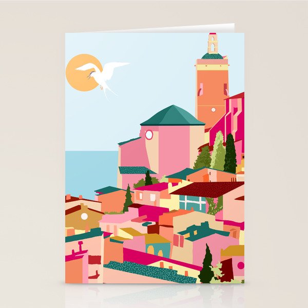 Crimson Rouge, Colorful Architecture Buildings, Greece Cityscape Skyline, Seagull Travel Summer Eclectic Bohemian Pop of Color Positivity Stationery Card Gallery Image 2