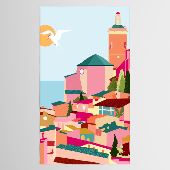Crimson Rouge, Colorful Architecture Buildings, Greece Cityscape Skyline, Seagull Travel Summer Eclectic Bohemian Pop of Color Positivity Tablecloth Gallery Image 2