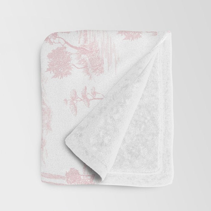 Toile de Jouy Vintage French Romantic Pastoral Baby Pink & White Throw Blanket Gallery Image 3