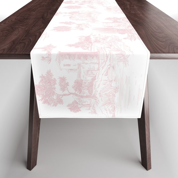 Toile de Jouy Vintage French Romantic Pastoral Baby Pink & White Table Runner Gallery Image 1