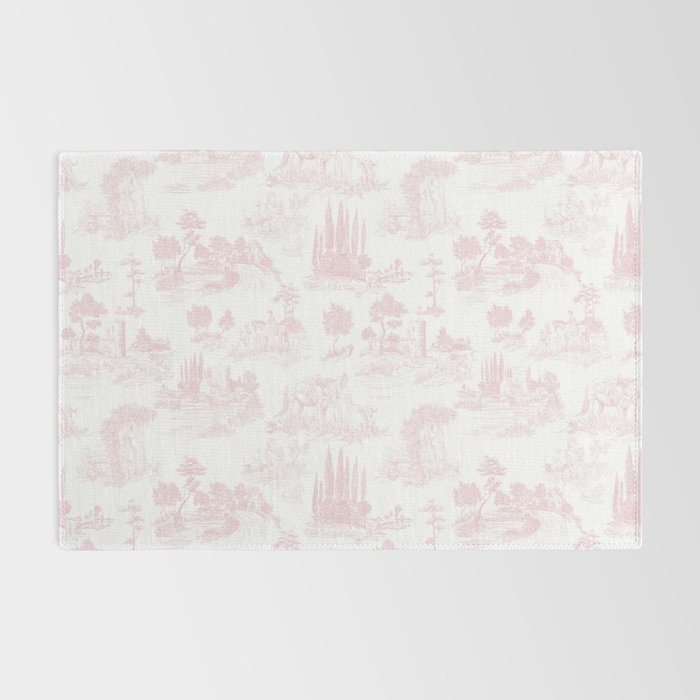 Toile de Jouy Vintage French Romantic Pastoral Baby Pink & White Rug Gallery Image 2