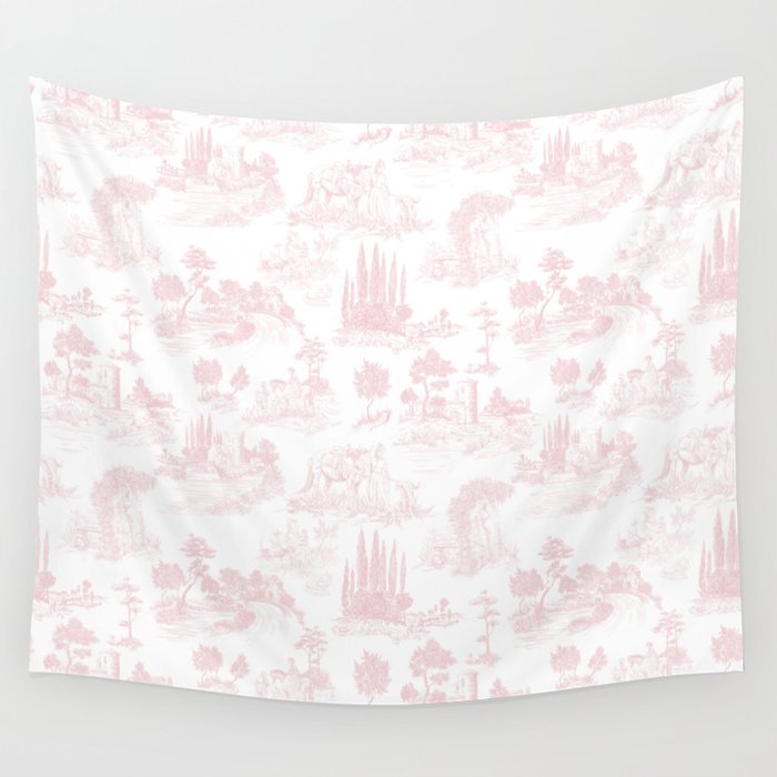 Toile de Jouy Vintage French Romantic Pastoral Baby Pink & White Wall Tapestry Gallery Image 1