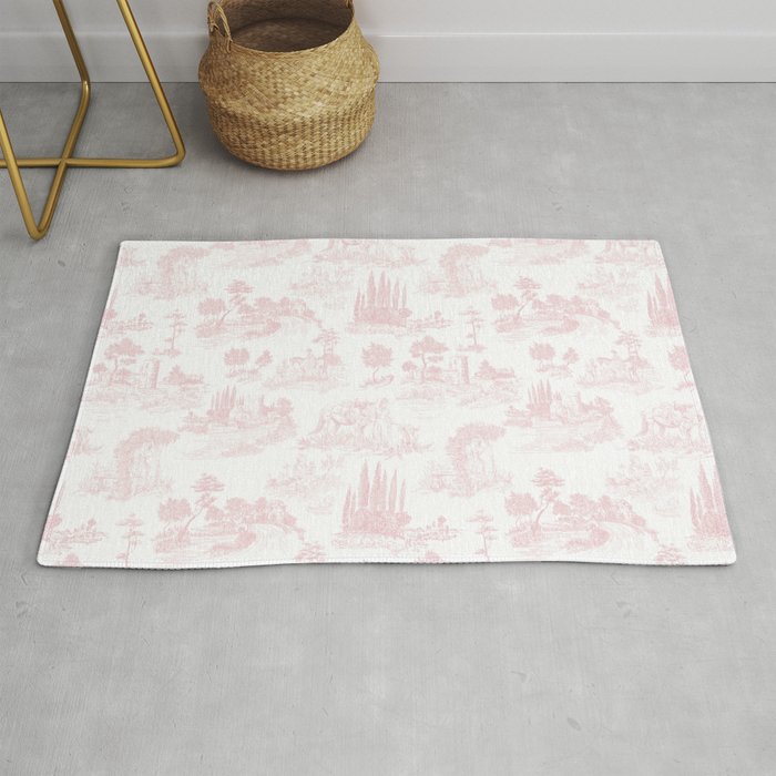 Toile de Jouy Vintage French Romantic Pastoral Baby Pink & White Rug Gallery Image 1