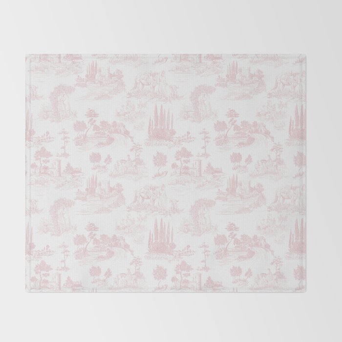 Toile de Jouy Vintage French Romantic Pastoral Baby Pink & White Throw Blanket Gallery Image 2