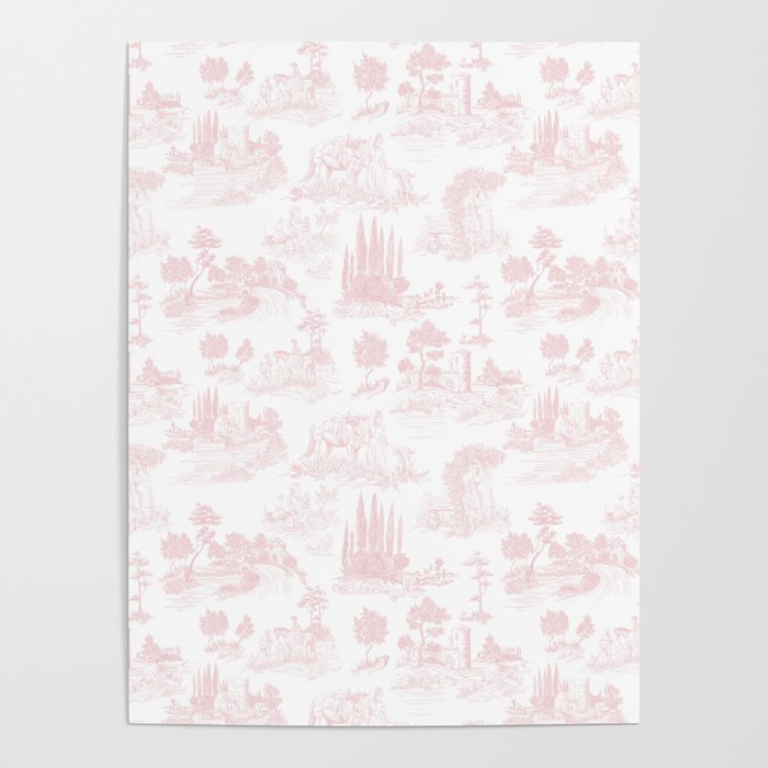 Toile de Jouy Vintage French Romantic Pastoral Baby Pink & White Poster Gallery Image 1
