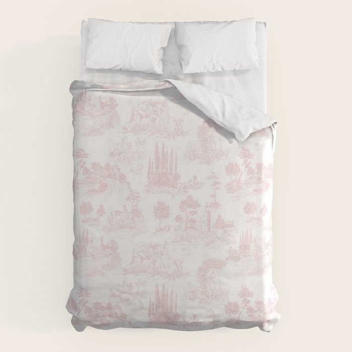 Toile de Jouy Vintage French Romantic Pastoral Baby Pink & White Duvet Cover Gallery Image 1