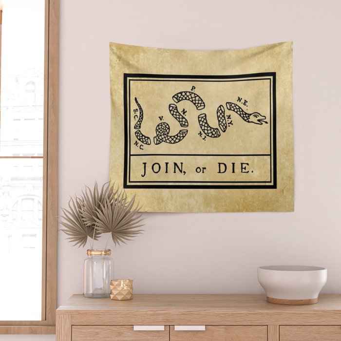 1776 "Join, or Die" Revolutionary War flag with 13 colonies, snake & no colors by Benjamin Franklin Wall Tapestry Gallery Image 2