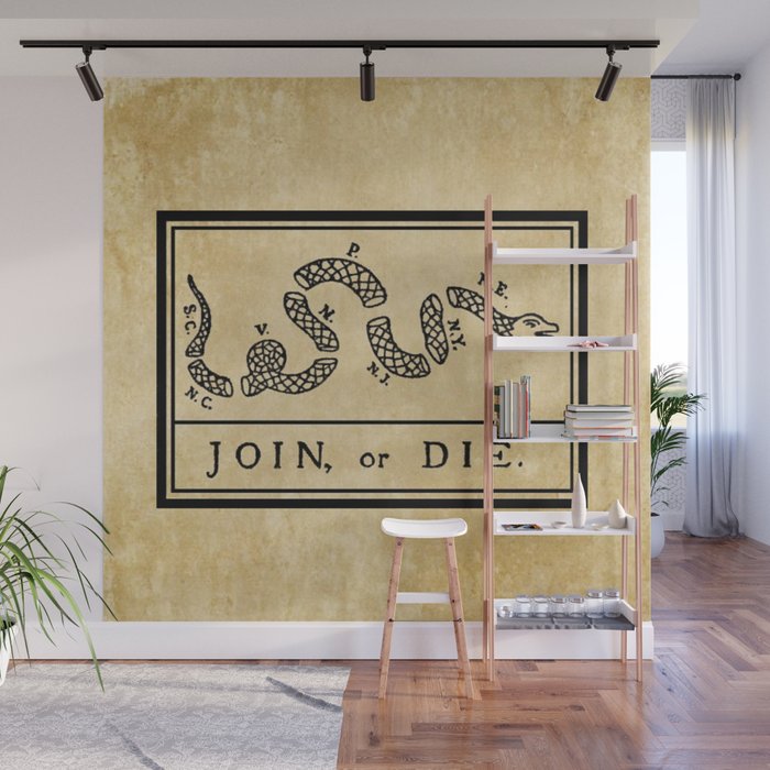1776 "Join, or Die" Revolutionary War flag with 13 colonies, snake & no colors by Benjamin Franklin Wall Mural Gallery Image 1