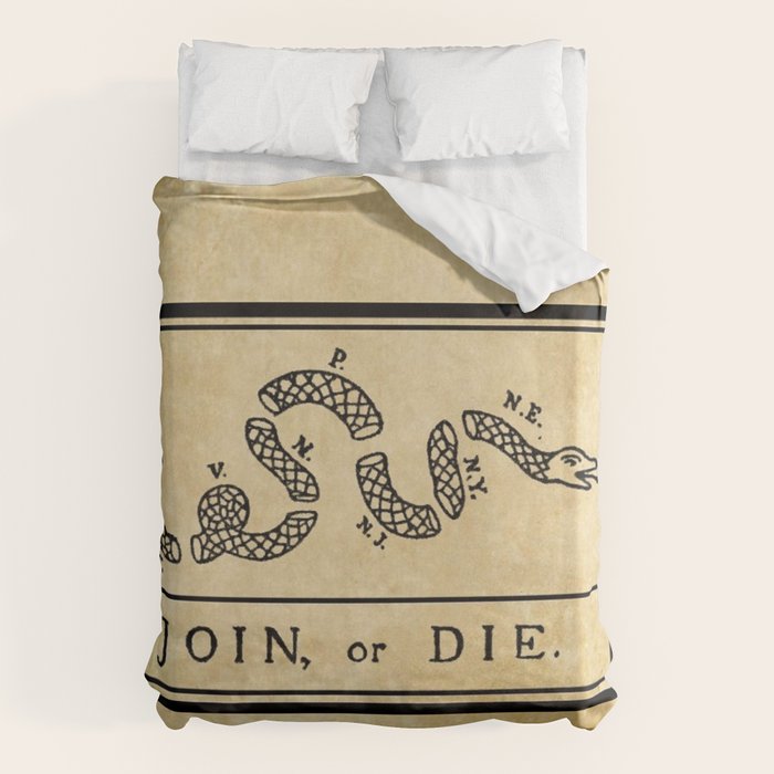 1776 "Join, or Die" Revolutionary War flag with 13 colonies, snake & no colors by Benjamin Franklin Duvet Cover Gallery Image 1
