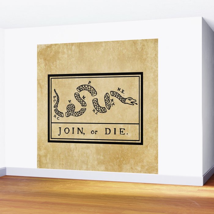 1776 "Join, or Die" Revolutionary War flag with 13 colonies, snake & no colors by Benjamin Franklin Wall Mural Gallery Image 2