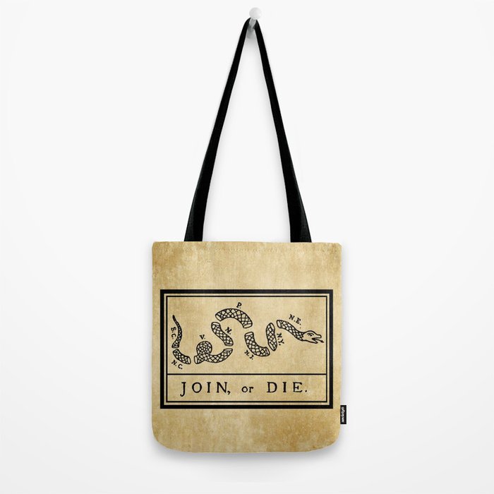 1776 "Join, or Die" Revolutionary War flag with 13 colonies, snake & no colors by Benjamin Franklin Tote Bag Gallery Image 2