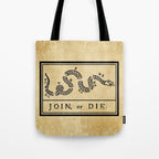 1776 "Join, or Die" Revolutionary War flag with 13 colonies, snake & no colors by Benjamin Franklin Tote Bag Gallery Image 1