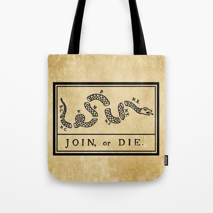 1776 "Join, or Die" Revolutionary War flag with 13 colonies, snake & no colors by Benjamin Franklin Tote Bag Gallery Image 1