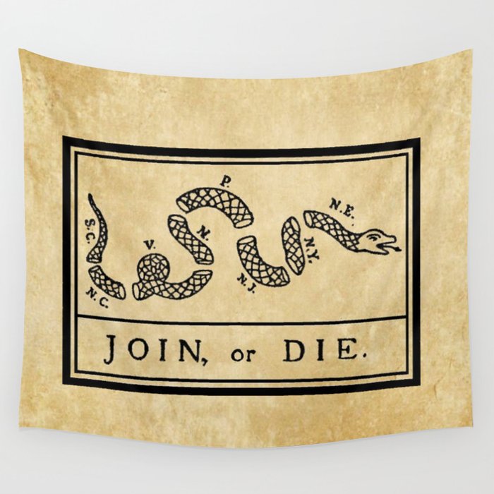 1776 "Join, or Die" Revolutionary War flag with 13 colonies, snake & no colors by Benjamin Franklin Wall Tapestry Gallery Image 4