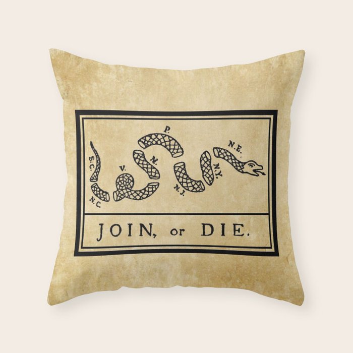 1776 "Join, or Die" Revolutionary War flag with 13 colonies, snake & no colors by Benjamin Franklin Throw Pillow Gallery Image 6