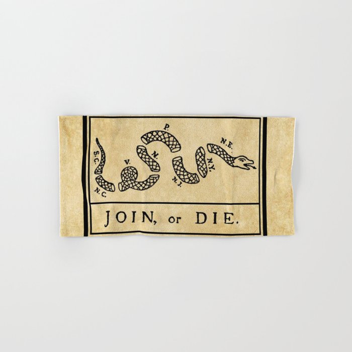 1776 "Join, or Die" Revolutionary War flag with 13 colonies, snake & no colors by Benjamin Franklin Bath Towel Gallery Image 1